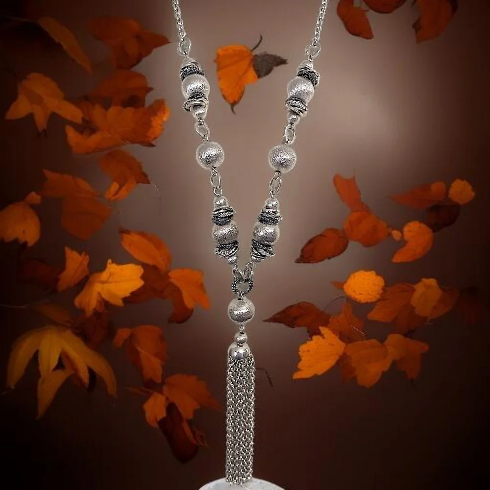 Y Drop Beaded Tassel Chain Necklace Bohemian‎ Western Witchy Silver Tone Gypsy